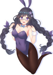 Rule 34 | 1girl, animal ears, black-framed eyewear, black hair, black pantyhose, bow, bowtie, braid, commentary request, commission, detached collar, fake animal ears, flower, furutori, glasses, hair flower, hair ornament, high heels, highres, leotard, long hair, looking at viewer, low twintails, open mouth, original, pantyhose, pixiv commission, playboy bunny, purple bow, purple bowtie, purple eyes, purple footwear, purple leotard, rabbit ears, rabbit tail, round teeth, semi-rimless eyewear, simple background, solo, strapless, strapless leotard, tail, teeth, twin braids, twintails, under-rim eyewear, upper teeth only, virtual youtuber, white background, wrist cuffs