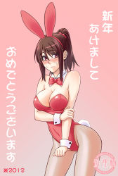Rule 34 | 10s, 1girl, 2012, akeome, animal ears, artist name, blush, bow, bowtie, breasts, brown hair, cleavage, covered navel, detached collar, fake animal ears, fishnet pantyhose, fishnets, happy new year, korisei, leotard, new year, original, pantyhose, pink background, playboy bunny, ponytail, rabbit ears, rabbit tail, red eyes, short hair, simple background, solo, tail, translated, watermark, web address, wrist cuffs
