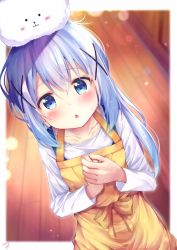 Rule 34 | 1girl, :3, :o, angora rabbit, animal, animal on head, apron, black eyes, blue eyes, blue hair, blurry, blush, blush stickers, bow, chestnut mouth, collarbone, colored eyelashes, depth of field, dutch angle, flying sweatdrops, from above, gochuumon wa usagi desu ka?, hair between eyes, hair ornament, hands on own chest, highres, indoors, kafuu chino, lens flare, long hair, long sleeves, looking at viewer, looking up, on head, open mouth, own hands together, rabbit, rouka (akatyann), shirt, signature, solid circle eyes, solo, tareme, tippy (gochiusa), upper body, white shirt, wooden floor, x hair ornament, yellow apron, yellow bow