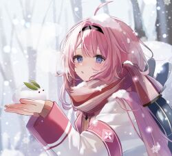 Rule 34 | 1girl, :o, ahoge, black hairband, blue eyes, blush, day, forest, from side, hair between eyes, hairband, highres, jacket, long sleeves, looking at viewer, nature, nijisanji, open hands, open mouth, oumiomi, outdoors, own hands together, pink hair, red scarf, scarf, snow on head, snowflakes, snowing, solo, sparkle, striped clothes, striped scarf, suo sango, tree, upper body, virtual youtuber, white jacket