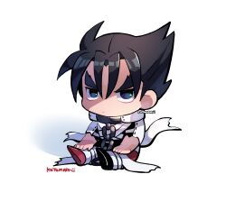 Rule 34 | 1boy, black hair, chain, chibi, closed mouth, hand on own knee, kazama jin, kotorai, looking at viewer, male focus, red footwear, short hair, signature, simple background, sitting, solo, tekken, thick eyebrows, v-shaped eyebrows, white background