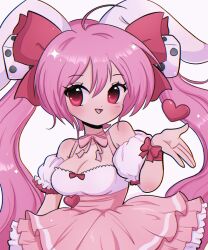 Rule 34 | 1girl, 2000s (style), :d, absurdres, ahoge, animal ears, bare shoulders, blush, bow, bow choker, breasts, chellyko, cleavage, detached sleeves, di gi charat, dice, dice hair ornament, dot nose, eyelashes, floating hair, frilled skirt, frills, hair bow, hair ornament, heart, highres, layered skirt, long bangs, long hair, looking at viewer, medium breasts, miniskirt, open mouth, pink background, pink bow, pink eyes, pink hair, pink theme, puffy detached sleeves, puffy sleeves, rabbit ears, red bow, shirt, simple background, skirt, sleeveless, sleeveless shirt, smile, solo, sparkle, tongue, twintails, upper body, usada hikaru, very long hair, white shirt, white sleeves, wrist bow