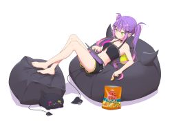 Rule 34 | 1girl, absurdres, bag of chips, bare legs, bare shoulders, barefoot, bean bag chair, bibi (tokoyami towa), bright pupils, chips (food), choker, crop top, demon tail, ear piercing, food, green eyes, hair ornament, hairclip, highres, hololive, long hair, midriff, nail polish, navel, piercing, potato chips, purple hair, quarterlift, red nails, shorts, simple background, sitting, tablet pc, tail, tail ornament, tail piercing, toenail polish, toenails, tokoyami towa, tokoyami towa (1st costume), twintails, virtual youtuber, white background, white pupils, yellow nails