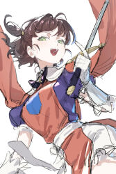 Rule 34 | 1girl, belt, bito kibi, brown hair, cowboy shot, elbow gloves, gloves, green eyes, highres, holding, holding sword, holding weapon, juliet sleeves, long sleeves, melisandre (unicorn overlord), open mouth, puffy sleeves, purple shirt, red tabard, shirt, short hair, short sleeves, shorts, side ponytail, simple background, sketch, smile, solo, standing, sword, tabard, unicorn overlord, weapon, white background, white belt, white gloves, white shorts