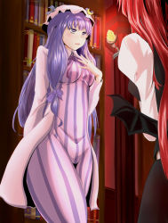 Rule 34 | 2girls, awasarin, book, breasts, crescent moon, dress, embarrassed, female focus, hat, koakuma, long hair, moon, multiple girls, patchouli knowledge, purple eyes, purple hair, red hair, striped clothes, striped dress, sweatdrop, touhou, wings