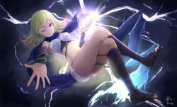 Rule 34 | 1girl, blonde hair, blue scarf, breasts, commentary request, crossed legs, dated, electricity, full body, kid icarus, kid icarus uprising, legs, looking at viewer, medium breasts, medium hair, midriff, navel, nintendo, one eye closed, outstretched arm, phosphora, plant, purple eyes, ryuusaki rei, scarf, signature, smile, solo, toes, vines