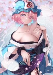 Rule 34 | 1girl, bare shoulders, blue bow, blue kimono, bow, breasts, bug, butterfly, cherry blossoms, cleavage, collarbone, folding fan, frilled kimono, frills, ghost, goshoguruma, hand fan, hand on own chest, hat, highres, hitodama, holding, holding fan, insect, japanese clothes, kimono, large breasts, long sleeves, looking to the side, mob cap, momendoufu, off shoulder, pink eyes, pink hair, saigyouji yuyuko, sash, scrunchie, short hair, smile, solo, touhou, triangular headpiece, wavy hair, wide sleeves, wrist scrunchie