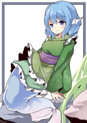 Rule 34 | 1girl, bad id, bad pixiv id, blue eyes, blue hair, blush, closed mouth, eyebrows, fins, fish tail, head fins, highres, japanese clothes, kimono, maremay0513, matching hair/eyes, mermaid, monster girl, obi, sash, solo, tail, touhou, wakasagihime, white background, wide sleeves