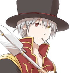 Rule 34 | 1boy, black coat, black hat, cigarette, closed mouth, coat, commentary request, expressionless, hat, holding, holding weapon, looking at viewer, mace, male focus, multicolored coat, natsuya (kuttuki), open clothes, open coat, priest (ragnarok online), ragnarok online, red coat, red eyes, short hair, simple background, solo, top hat, two-tone coat, upper body, weapon, white background, yellow eyes