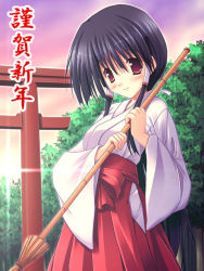 Rule 34 | 1girl, bamboo broom, broom, hakama, hakama skirt, japanese clothes, matsuzaki tokiko, miko, new year, red hakama, skirt, solo, torii