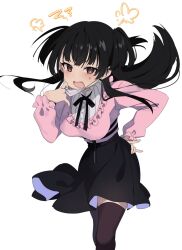 Rule 34 | 1girl, :o, black hair, black skirt, black thighhighs, blush, breasts, commentary request, feet out of frame, hand on own hip, highres, hiiragi ken, idolmaster, idolmaster shiny colors, jirai kei, long sleeves, looking at viewer, mask, mask pull, mayuzumi fuyuko, medium breasts, mouth mask, neck ribbon, pink shirt, puff of air, ribbon, shirt, simple background, skirt, solo, standing, sweatdrop, thighhighs, two side up, white background, white mask