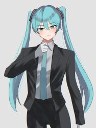 Rule 34 | 1girl, absurdres, adjusting clothes, adjusting necktie, aqua eyes, aqua hair, aqua necktie, black jacket, black pants, blush, closed mouth, collared shirt, commentary, cowboy shot, gloves, grey background, hair between eyes, hatsune miku, highres, jacket, long sleeves, looking at viewer, necktie, pants, shirt, simple background, solo, tsukuno tsuki, twintails, vocaloid, white gloves, white shirt