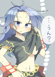Rule 34 | 1girl, ahoge, black shirt, breasts, clothes lift, dated, grey background, grey eyes, grey hair, himemushi momoyo, lifting own clothes, long hair, looking at viewer, matsu kitsune, medium breasts, midriff, navel, open mouth, shirt, shirt lift, short sleeves, solo, speech bubble, sweat, touhou, translation request, underboob, upper body