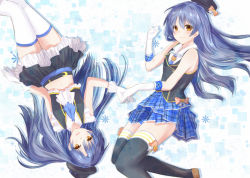 Rule 34 | 10s, 2girls, aoba yukichi, blue hair, brown eyes, crossover, gloves, gradient background, hat, idolmaster, idolmaster (classic), kisaragi chihaya, long hair, look-alike, love live!, love live! school idol project, midriff, multiple girls, navel, no brand girls, open mouth, plaid, smile, sonoda umi, thighhighs, trait connection, yellow eyes