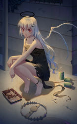 Rule 34 | 1girl, bare arms, bare legs, bare shoulders, barefoot, black dress, blush, breasts, can, cigarette, collarbone, commentary request, dress, bear trap, frilled dress, frills, hair between eyes, hair ornament, hairclip, halo, highres, ji dao ji, long hair, looking at viewer, night, open mouth, original, outdoors, red eyes, shadow, silver hair, skeletal wings, sleeveless, sleeveless dress, slit pupils, small breasts, smiley face, solo, squatting, toenails, torn clothes, torn dress, very long hair, white wings, wings