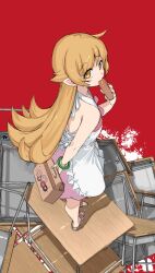 Rule 34 | 1girl, backless dress, backless outfit, blonde hair, blush, box, bracelet, breasts, desk, doughnut, dress, eating, facing away, food, full body, highres, holding, holding box, holding doughnut, holding food, jewelry, long hair, looking at viewer, looking back, monogatari (series), on desk, oshino shinobu, pointy ears, ranf, red background, sandals, small breasts, solo, standing, standing on desk, white dress, yellow eyes