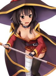 Rule 34 | 1girl, accidental exposure, bandaged leg, bandages, belt, black belt, black cape, black choker, black gloves, black hair, black hat, breasts, brown thighhighs, cape, choker, collarbone, commentary request, downblouse, dress, fang, fingerless gloves, gloves, hat, highres, holding, holding staff, kono subarashii sekai ni shukufuku wo!, long hair, looking to the side, megumin, nipples, no bra, nonaka ritsu, red dress, simple background, skin fang, small breasts, solo, staff, thighhighs, white background, witch hat