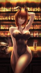 Rule 34 | 1girl, alcohol, animal ears, armpits, bare shoulders, black gloves, breasts, chainsaw man, cleavage, collarbone, eyebrows hidden by hair, fake animal ears, fishnet pantyhose, fishnets, glass, gloves, hair between eyes, highres, large breasts, leotard, long hair, looking at viewer, makima (chainsaw man), off shoulder, open mouth, pantyhose, penguintake, playboy bunny, rabbit ears, red hair, skull, smile, solo, wine, yellow eyes