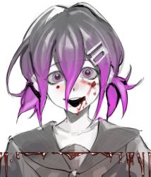 Rule 34 | 1boy, black hair, blood, blood on face, collarbone, crazy eyes, crossdressing, danganronpa (series), danganronpa v3: killing harmony, hair between eyes, hair ornament, hairclip, kyandii, looking at viewer, male focus, open mouth, oma kokichi, purple hair, shirt, short hair, simple background, sketch, solo, teeth, twintails, upper body, upper teeth only, white background