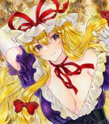 Rule 34 | 1girl, alto2019, blonde hair, bow, breasts, cleavage, dress, elbow gloves, frilled dress, frills, gloves, hair bow, hat, hat ribbon, highres, large breasts, long hair, marker (medium), mob cap, neck ribbon, puffy short sleeves, puffy sleeves, purple dress, purple eyes, red bow, red ribbon, ribbon, sample watermark, short sleeves, solo, touhou, traditional media, watermark, white gloves, white hat, yakumo yukari