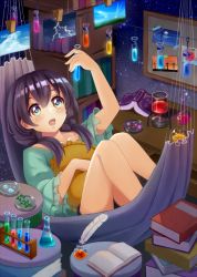 Rule 34 | 1girl, :o, black hair, blush, book, book stack, bookshelf, bulletin board, bunsen burner, clothes pin, collarbone, commentary request, flask, frilled sleeves, frills, green shirt, hair between eyes, hammock, highres, himeno (kujousyuon), inkwell, knees up, lightning, long hair, looking up, low twintails, hugging object, open book, original, petri dish, photo (object), pillow, pillow hug, quill, reclining, round-bottom flask, shirt, short hair, shorts, solo, starry sky print, table, test tube, test tube rack, twintails, wallpaper (object), wire, yellow eyes
