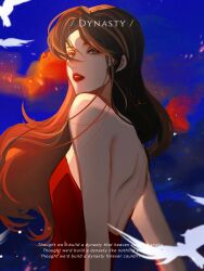 Rule 34 | 1girl, bad bcy id, bad id, bare arms, bare back, bare shoulders, bird, blue sky, bozhu yi hui tu chongsheng, brown eyes, brown hair, cloud, dress, embers, english text, expressionless, eyelashes, from behind, highres, lipstick, long hair, looking at viewer, looking back, makeup, original, outdoors, parted bangs, parted lips, red dress, red lips, shoulder blades, sky, solo, strapless, strapless dress, sunset, teeth, upper body, white bird