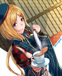 Rule 34 | 1girl, aki rosenthal, aki rosenthal (new year), alternate costume, aona (anagasaki), blonde hair, bob cut, breasts, closed mouth, cup, floral print, hair ornament, hat, highres, hololive, japanese clothes, lips, looking at viewer, parted bangs, purple eyes, saucer, sideboob, smile, solo, teacup, virtual youtuber