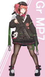 Rule 34 | 1girl, absurdres, beret, blush, candy, commission, food, girls&#039; frontline, gun, h&amp;k mp7, hat, headset, highres, lollipop, machine pistol, mp7 (girls&#039; frontline), off shoulder, omurainu, pantyhose, parted lips, personal defense weapon, pleated skirt, pom pom (clothes), ponytail, red hair, skeb commission, skindentation, skirt, solo, submachine gun, suppressor, thigh strap, weapon, yellow eyes