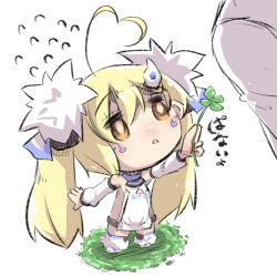 Rule 34 | 1girl, :o, ahoge, azur lane, bad id, bad pixiv id, bare shoulders, blonde hair, blush, brown eyes, chibi, clothes writing, clover, commentary request, detached sleeves, dress, eldridge (azur lane), facial hair, flying sweatdrops, four-leaf clover, full body, hair between eyes, heart, heart ahoge, holding, long hair, long sleeves, parted lips, puffy long sleeves, puffy sleeves, sleeveless, sleeveless dress, solo, standing, tail, thighhighs, u-non (annon&#039;an), very long hair, white background, white dress, white footwear, white thighhighs