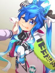 Rule 34 | 1girl, ;i, @ @, ahoge, animal ears, aqua hair, blue eyes, blue hair, clothes writing, commentary request, crossed bangs, drawstring, food, food on face, hair between eyes, hair ribbon, highres, horse ears, jacket, long hair, long sleeves, multicolored hair, one eye closed, out of frame, ribbon, solo focus, streaked hair, stuffed animal, stuffed toy, thin (suzuneya), twin turbo (umamusume), twintails, umamusume, very long hair, white hair, wiping face
