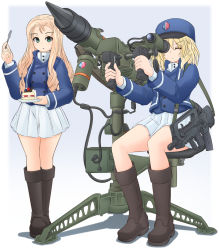 Rule 34 | 10s, 2girls, anti-aircraft, anti-aircraft missile, assault rifle, bc freedom (emblem), bc freedom military uniform, bipod, black footwear, blonde hair, blue background, blue headwear, blue jacket, blue vest, boots, bullpup, cake, closed eyes, closed mouth, commentary request, crew-served weapon, dress shirt, drill hair, emblem, famas, food, fork, full body, girls und panzer, gradient background, green eyes, gun, hat, high collar, highres, holding, jacket, kepi, knee boots, light frown, long hair, long sleeves, looking at viewer, man-portable air-defense system, marie (girls und panzer), md5 mismatch, medium hair, messy hair, mikeran (mikelan), military, military hat, military uniform, miniskirt, missile, missile launcher, mistral (missile), multiple girls, oshida (girls und panzer), parted lips, partial commentary, pleated skirt, resolution mismatch, rifle, saucer, shadow, shako cap, shirt, sitting, skirt, standing, surface-to-air missile, sweatdrop, uniform, vest, weapon, white shirt, white skirt
