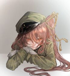 Rule 34 | 1girl, bungou stray dogs, gloves, green hat, green shirt, hat, long hair, looking at viewer, military, military hat, military uniform, okura teruko, red eyes, red hair, shirt, smile, solo, table, uniform, very long hair, white background, white gloves, white table
