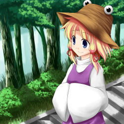 Rule 34 | 1girl, blonde hair, blue eyes, bluepony, female focus, flat chest, forest, hair ribbon, hands in opposite sleeves, hat, moriya suwako, nature, ribbon, short hair, smile, solo, stairs, touhou, tree