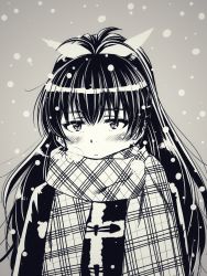 Rule 34 | 1girl, absurdres, antenna hair, blush, bow, closed mouth, coat, commentary request, duffel coat, earrings, ganaha hibiki, grey background, greyscale, hair between eyes, hair bow, high ponytail, highres, idolmaster, idolmaster (classic), jewelry, long hair, looking at viewer, matcha kingyo, monochrome, plaid, plaid scarf, ponytail, scarf, simple background, snowing, solo, upper body, winter clothes