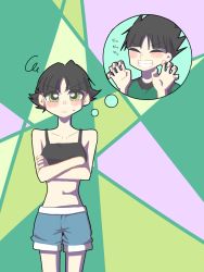 Rule 34 | 1boy, 1girl, black hair, blush, butch (ppg), buttercup (ppg), crossed arms, closed eyes, grin, hands up, looking at viewer, powerpuff girls, shirt, short hair, shorts, smile, spiked hair, sweatdrop, t-shirt, thought bubble