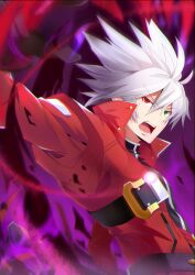 Rule 34 | 1boy, absurdres, ahoge, belt buckle, black shirt, blazblue, buckle, chest belt, claws, commentary request, d:, devoured by darkness, green eyes, hair between eyes, heterochromia, highres, jacket, long sleeves, looking to the side, male focus, open mouth, purple background, ragna the bloodedge, red eyes, red jacket, shirowa, shirt, short hair, solo, spiked hair, upper body, white hair