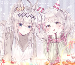 Rule 34 | 2girls, ahoge, alternate hairstyle, animal ears, blue eyes, blurry, blurry foreground, blush, brown eyes, cake, commentary request, dress, drooling, ear covers, ear ornament, english text, food, frilled dress, frills, fruit, grey hair, grey sweater, hair between eyes, hair ornament, hands on own face, heart, highres, hishi miracle (umamusume), horse ears, horse girl, horse tail, long sleeves, mouth drool, multicolored hair, multiple girls, oguri cap (umamusume), open mouth, pink dress, smile, strawberry, streaked hair, striped background, sweater, tail, tetora (oudonoishiize), twintails, umamusume, white day