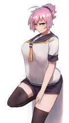 Rule 34 | 1girl, against wall, aoba (kancolle), black scrunchie, black thighhighs, commentary request, cowboy shot, green eyes, grey sailor collar, grey shorts, hair ornament, hair scrunchie, highres, ikadamo, kantai collection, looking at viewer, messy hair, neckerchief, ponytail, purple hair, sailor collar, sailor shirt, scrunchie, shirt, short hair, shorts, simple background, solo, thighhighs, white background, yellow neckerchief