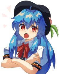 Rule 34 | 1girl, :o, ahoge, black headwear, blue hair, collared shirt, commentary request, crossed arms, hinanawi tenshi, leaf, long hair, neck ribbon, peach hat ornament, plus2sf, puffy short sleeves, puffy sleeves, red eyes, red ribbon, ribbon, shirt, short sleeves, simple background, solo, touhou, v-shaped eyebrows, very long hair, white background, white shirt