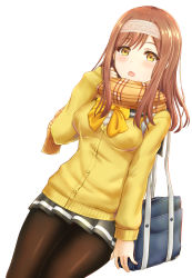 Rule 34 | 1girl, :o, absurdres, artist name, artist request, bag, blush, breasts, brown eyes, brown hair, carrying bag, eyebrows, female focus, grey skirt, hair between eyes, headband, highres, holding, holding clothes, holding scarf, inanaki shiki, kunikida hanamaru, light brown hair, long hair, long sleeves, looking at viewer, love live!, love live! sunshine!!, matching hair/eyes, miniskirt, orange scarf, pantyhose, parted lips, pleated skirt, scarf, school uniform, skirt, sleeves past wrists, small breasts, solo, sweater, white background, yellow eyes