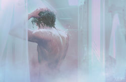 Rule 34 | 1boy, alzi xiaomi, bathing, bathroom, blurry, chromatic aberration, claude von riegan, completely nude, covered mouth, depth of field, closed eyes, fire emblem, fire emblem: three houses, from behind, hands in hair, hands on own head, hands up, highres, indoors, injury, male focus, nintendo, nude, shower (place), shower curtain, showering, solo, steam, upper body, washing hair, wet, wet hair