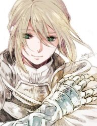 Rule 34 | 1boy, armor, bedivere (fate), blonde hair, breastplate, cape, closed mouth, commentary request, dated, fate/grand order, fate (series), gauntlets, green eyes, grey cape, hair between eyes, long hair, looking at viewer, male focus, portrait, signature, simple background, smile, solo, tokio (okt0w0), white background