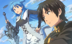 Rule 34 | 1boy, 1girl, black eyes, black hair, blue eyes, blue hair, blue sky, chiharu (9654784), chtholly nota seniorious, day, dress, hand on own hip, highres, holding, holding sword, holding weapon, long hair, looking at another, military, military uniform, open mouth, short hair, shuumatsu nani shitemasu ka?, sky, smile, spoilers, standing, sword, two side up, uniform, weapon, what do you do at the end of the world? are you busy? will you save us?, willem kmetsch
