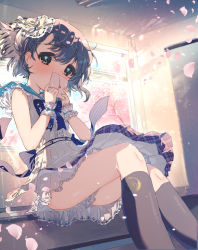 Rule 34 | 1girl, aqua sailor collar, back bow, bad id, bad pixiv id, black thighhighs, bloomers, blue bow, blue bowtie, blush, bow, bowtie, brown eyes, buttons, ceiling, cherry blossoms, classroom, covering own mouth, day, dress, grey hair, hair ornament, hair ribbon, holding, holding letter, idolmaster, idolmaster cinderella girls, indoors, lace, lace-trimmed dress, lace trim, letter, light particles, looking at viewer, love letter, otokura yuuki, petals, ribbon, sailor collar, short hair, short sleeves, sitting, social kasu (mob oji katu), socks, solo, tareme, thighhighs, tree, underwear, white dress, window, wrist cuffs, yellow ribbon