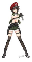 Rule 34 | 1girl, artist name, bad id, bad pixiv id, beret, beretta 92, black footwear, black gloves, black hair, black thighhighs, blue eyes, boots, briska, buttons, camouflage, closed mouth, crop top, cross-laced footwear, dagger, dual wielding, finger on trigger, flat chest, foreshortening, frown, full body, gloves, green shorts, gun, hair between eyes, handgun, hat, holding, holding gun, holding weapon, jacket, knife, lace-up boots, legs apart, logo, looking at viewer, midriff, military, original, ribbed sweater, short hair, shorts, signature, simple background, sleeves rolled up, solo, standing, sweater, text focus, thigh strap, thighhighs, turtleneck, weapon, weapon bag, white background