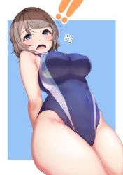 Rule 34 | !, !!, 1girl, absurdres, amagi (volfuji), arms behind back, blue background, blue eyes, blue one-piece swimsuit, breasts, competition swimsuit, cowboy shot, from below, grey hair, hair between eyes, highres, looking at viewer, looking down, love live!, love live! sunshine!!, medium breasts, one-piece swimsuit, open mouth, short hair, skin tight, solo, surprised, swimsuit, thighs, two-tone background, watanabe you, white background