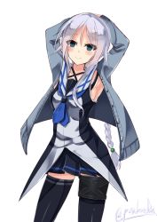 Rule 34 | 10s, 1girl, armpits, arms behind head, artist name, bad id, bad nicoseiga id, black skirt, black thighhighs, blue eyes, blue hair, blue neckerchief, blush, braid, breasts, eyes visible through hair, grey jacket, head tilt, highres, jacket, kantai collection, long hair, long sleeves, looking at viewer, matching hair/eyes, mole, mole under eye, neckerchief, open clothes, open jacket, p.k.f, parted bangs, pleated skirt, shirt, sideboob, simple background, single braid, skirt, sleeveless, sleeveless shirt, smile, solo, standing, thighhighs, umikaze (kancolle), unbuttoned, very long hair, white background, zettai ryouiki