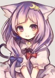Rule 34 | 1girl, animal ears, bell, blush, cat ears, cat tail, collar, colorized, crescent, crescent hair ornament, grey background, hair ornament, hair ribbon, highres, kemonomimi mode, long hair, patchouli knowledge, puffy sleeves, purple eyes, purple hair, ribbon, short sleeves, simple background, sketch, solo, tail, touhou, ukita uuko, upper body