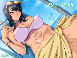 Rule 34 | 1girl, bare shoulders, bikini, bikini top only, black hair, blue background, blue sky, blush, bracelet, breasts, brown eyes, chair, character name, cleavage, collarbone, covered erect nipples, dutch angle, eyewear on head, glasses, half-closed eyes, highres, jewelry, kagami hirotaka, large breasts, lips, lipstick, long hair, looking at viewer, lounge chair, makeup, navel, nico robin, one piece, outdoors, palm tree, parted lips, pink bikini, sarong, shiny skin, side slit, sitting, skirt, sky, solo, sunglasses, swimsuit, tinted eyewear, tree, wallpaper, yellow-tinted eyewear, yellow skirt