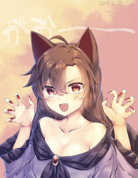 Rule 34 | 1girl, :d, ahoge, animal ears, bare shoulders, breasts, brooch, brown hair, claw pose, cleavage, collarbone, commentary request, dated, dress, fang, fingernails, frilled sleeves, frills, hair between eyes, hands up, highres, imaizumi kagerou, jewelry, kisamu (ksmz), large breasts, long hair, long sleeves, nail polish, neckerchief, off-shoulder dress, off shoulder, open mouth, red eyes, red nails, sharp fingernails, smile, touhou, translation request, upper body, v-shaped eyebrows, white dress, wide sleeves, wolf ears
